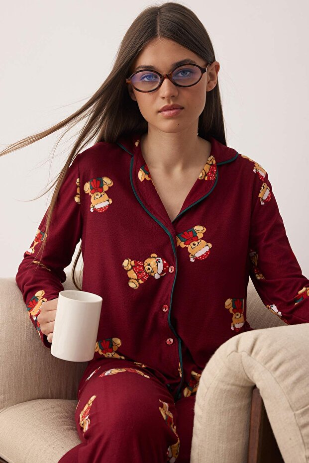 Bordo %100 Pamuklu Ayıcıklı Yılbaşı Temalı Biyeli Örme Pijama Takımı THMAW26PT00043 - 2