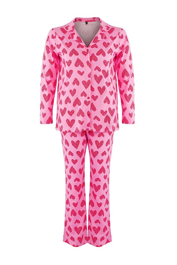 Pembe %100 Pamuklu Kalp & Leopar Desenli Gömlek-Pantolon Örme Pijama Takımı TBBAW26AI00017 - 6