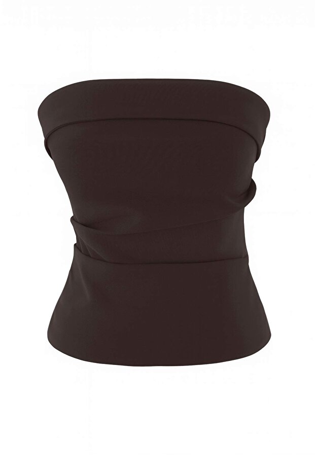 Kahverengi Straplez Fitted Drapeli Dokuma Bluz TWOSS24BZ00348 - 5