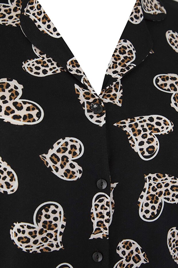 Siyah %100 Pamuklu Kalp & Leopar Desenli Gömlek-Pantolon Örme Pijama Takımı TBBAW26AI00017 - 6