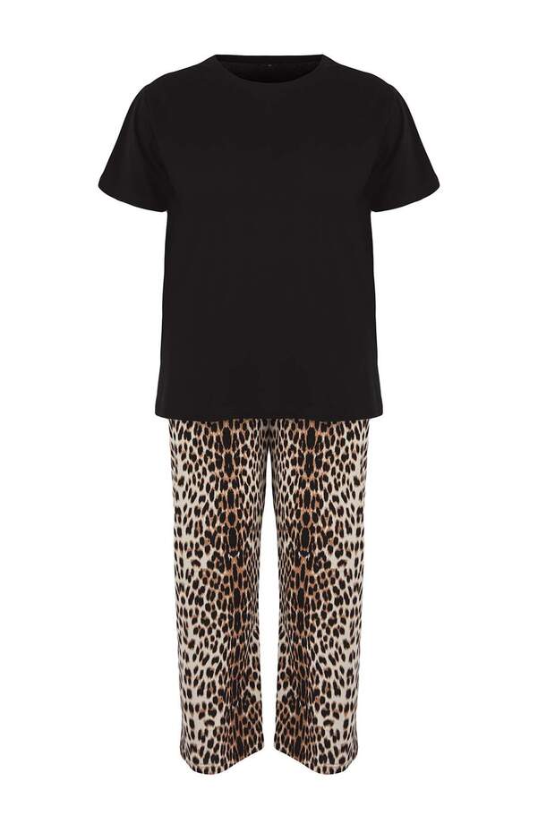 Siyah Leopar Desenli Kapri Örme Pijama Takımı TBBSS25AI00002 - 1