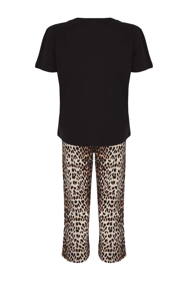 Siyah Leopar Desenli Kapri Örme Pijama Takımı TBBSS25AI00002 - 3
