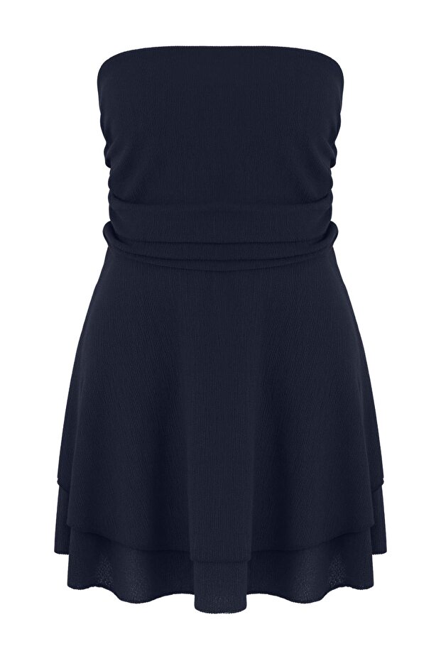 Lacivert Straplez Skater/Belden Açılan Fitilli Esnek Mini Örme Elbise TBBSS25AH00244 - 5
