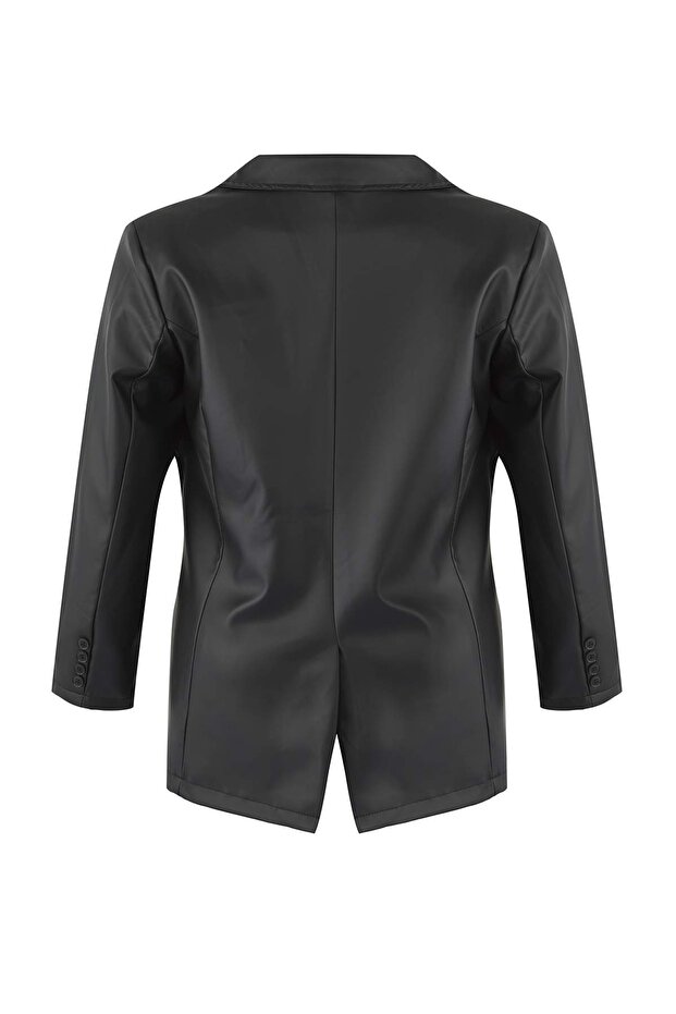 Czarna, duża, tkana kurtka z imitacji skóry TBBAW26AG00013 - 7