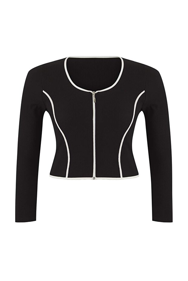 Teen Siyah Kontrast Biye Detaylı Fitted/Vücuda Oturan Fermuarlı Yaka Esnek Örme Bluz TBBAW26AF00041 - 5