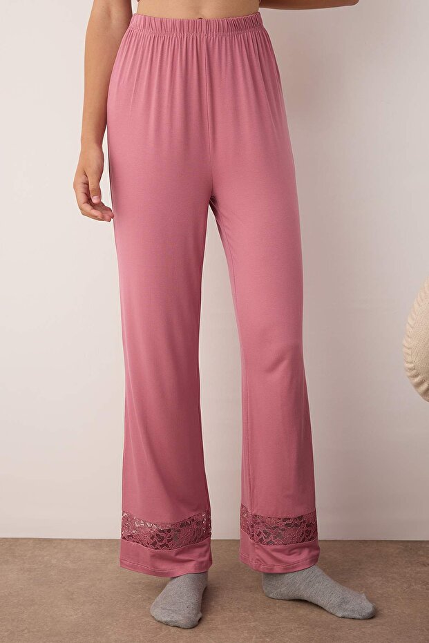 Gül Kurusu Dantel Detaylı Viskon Örme Pijama Takımı THMAW26PT00038 - 3