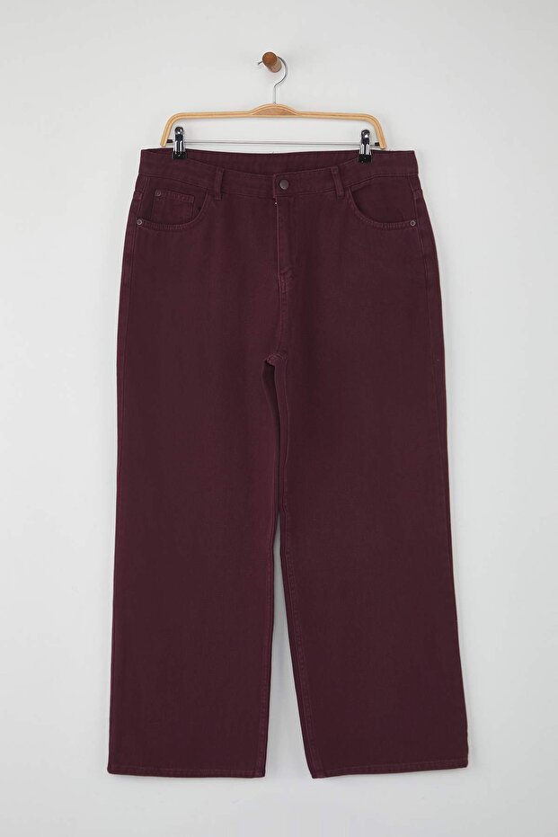 Bordo Yüksek Bel Straight Fit %100 Pamuk Non-Strerch Denim Büyük Beden Jeans TBBSS24CJ00050 - 5