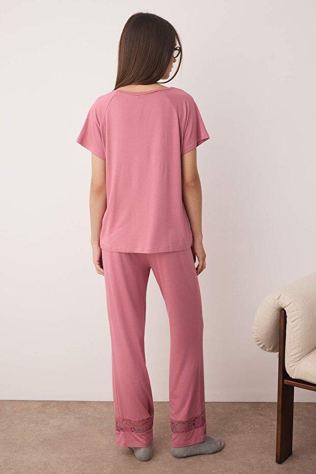 Gül Kurusu Dantel Detaylı Viskon Örme Pijama Takımı THMAW26PT00038 - 4