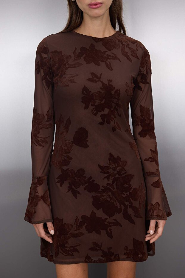 Çok Renkli Flok Baskılı Bodycon Mini Tül Flare Kollu Astarlı Esnek Örme Elbise TWOAW26EL00029 - 3