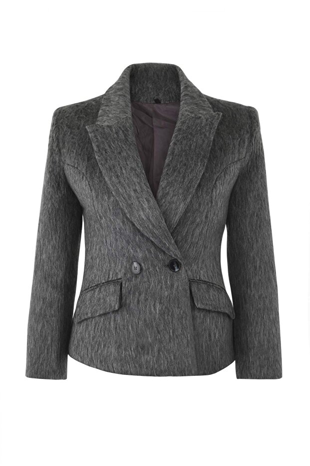 Özel Koleksiyon Antrasit Kaşe Bele Oturan/Fitted Yün İçerikli Blazer Ceket TWOAW26BC00026 - 5