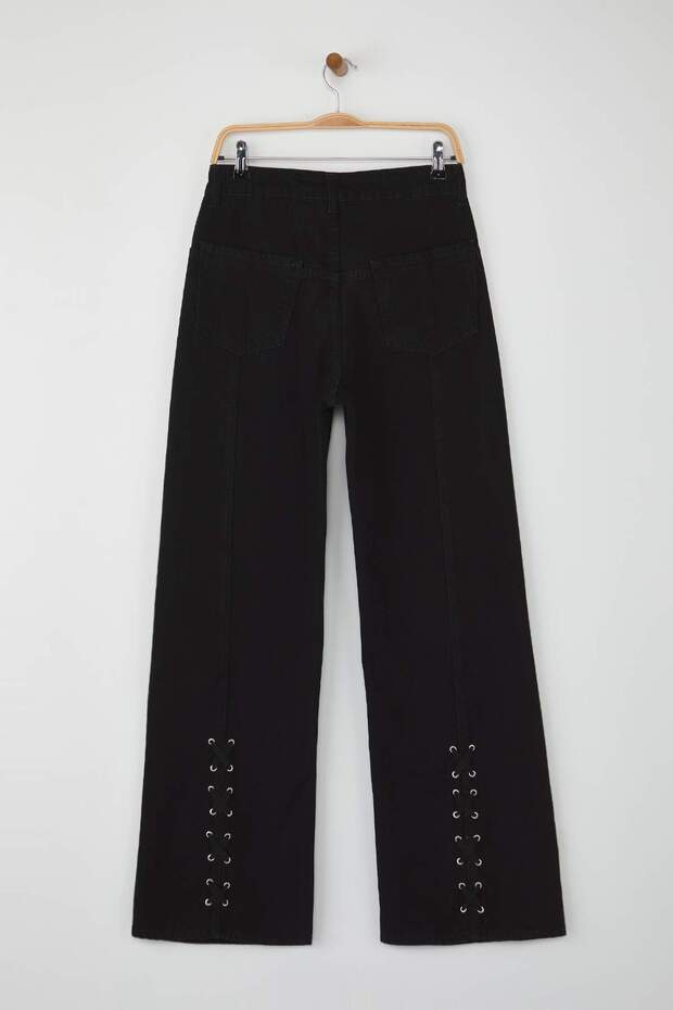 Siyah Yüksek Bel Kuşgözü Bağlama Detaylı Wide Leg Palazzo Jeans TWOAW26JE00128 - 6