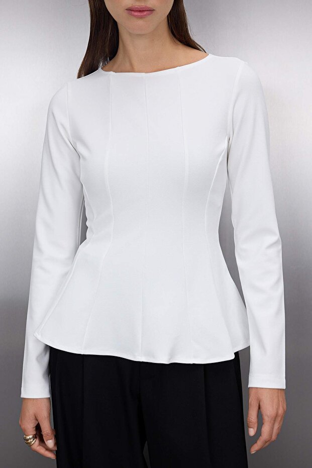 Ekru Kayık Yaka Peplum/Belden Oturmalı Regular Boy Örme Bluz TWOAW26BZ00166 - 3