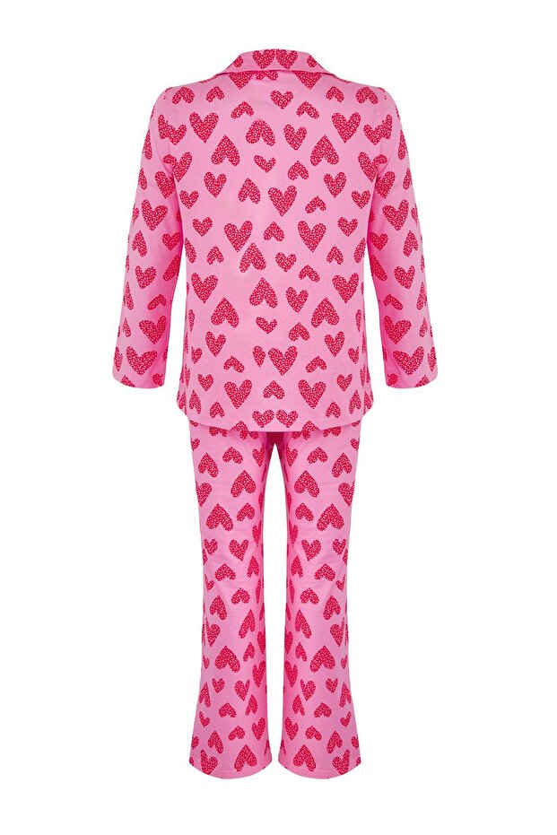Pembe %100 Pamuklu Kalp & Leopar Desenli Gömlek-Pantolon Örme Pijama Takımı TBBAW26AI00017 - 8