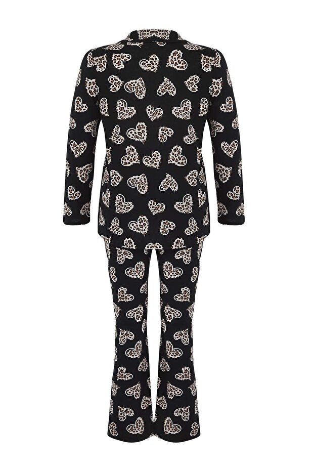 Siyah %100 Pamuklu Kalp & Leopar Desenli Gömlek-Pantolon Örme Pijama Takımı TBBAW26AI00017 - 7
