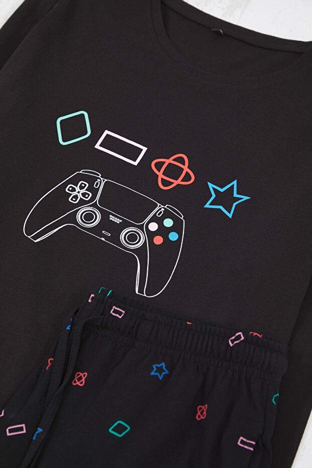 Black Regular Fit Game Printed Knitted Pajama Set Tmnaw24Pt00012 - 7