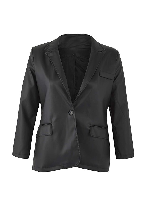 Czarna, duża, tkana kurtka z imitacji skóry TBBAW26AG00013 - 5