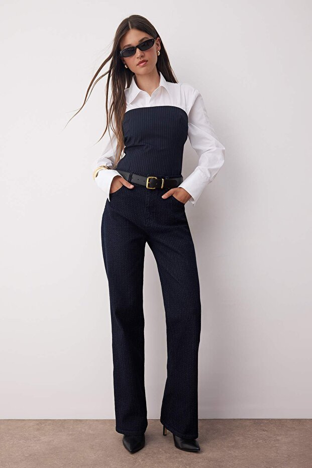 Koyu Mavi Jakar Çizgi Desenli Yüksek Bel Comfort/Esnek Wide Leg Jeans TWOAW26JE00101 - 3