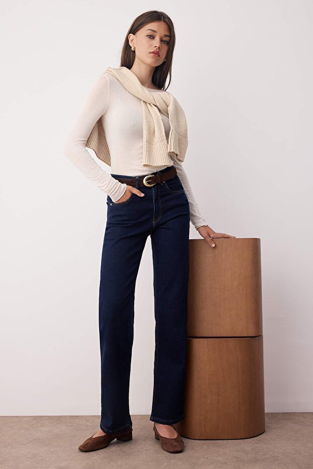 Koyu Mavi Normal Bel Düz Paça Orta Esnek Straight Jeans TWOAW26JE00085 - 2