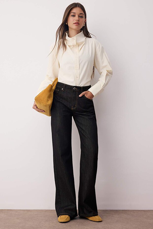 Siyah Yüksek Bel Geniş Paça Wide Leg Jeans TWOAW26JE00070 - 3