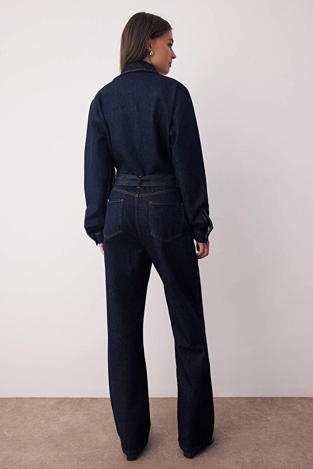 Koyu Mavi Kemerli Geniş Paça Denim Tulum TWOAW26TU00003 - 3