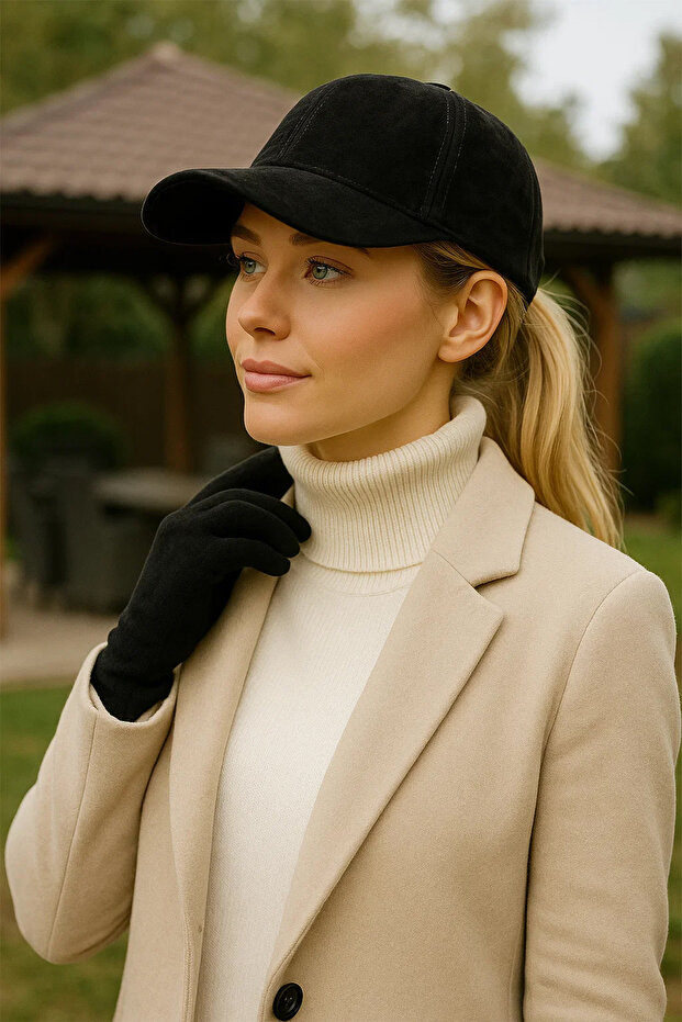 Black Basic Suede Cap Hat - 1