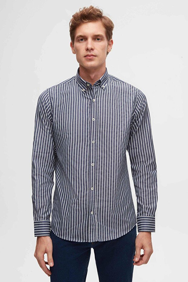 Ds Damat Slim Fit Navy Blue Striped Shirt