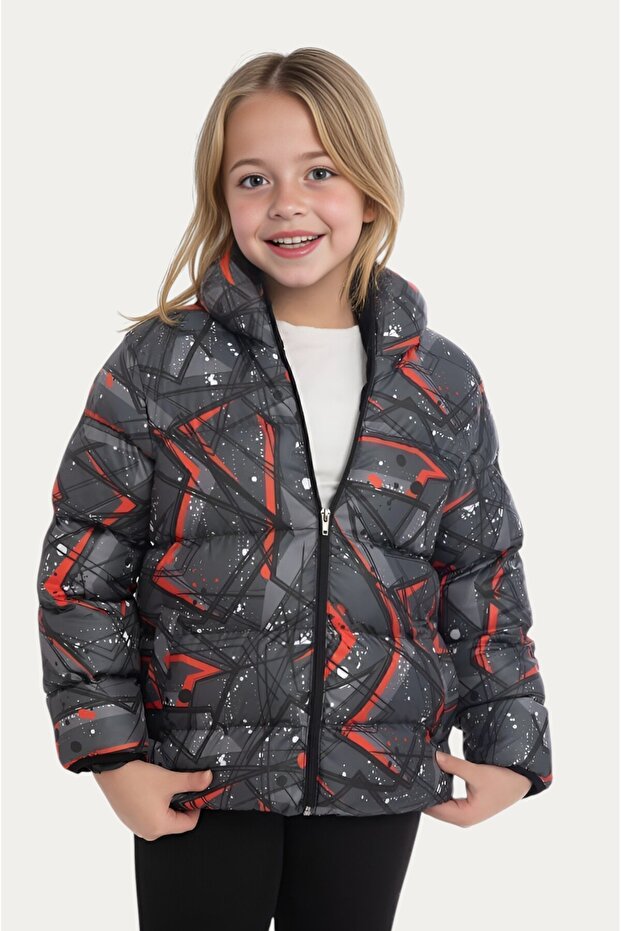 Girl's Digital Printed Pattern Fleece Water and Windproof Hooded Puffer Winter Jacket with Pockets