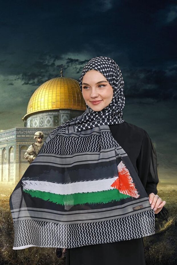 شال الباشمينا ذو هامش طويل بنمط الفوشيا الفلسطيني