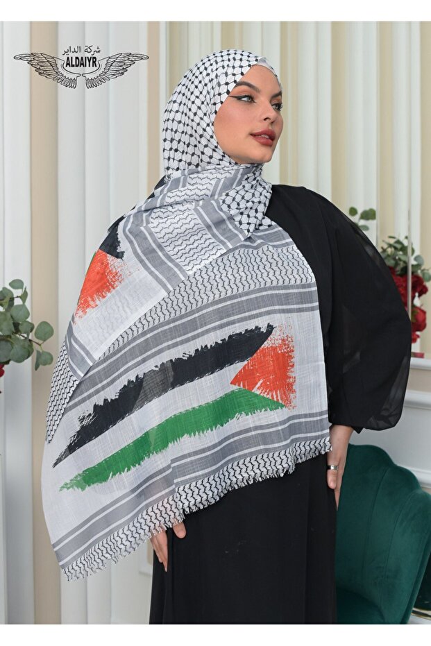 شال الباشمينا ذو هامش طويل بنمط الفوشيا الفلسطيني