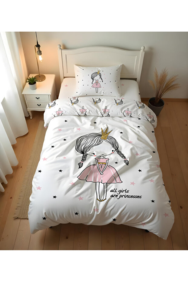 Double Sided Pink Princess Girl Patterned Single Duvet Cover Set Without Sheets - Printed