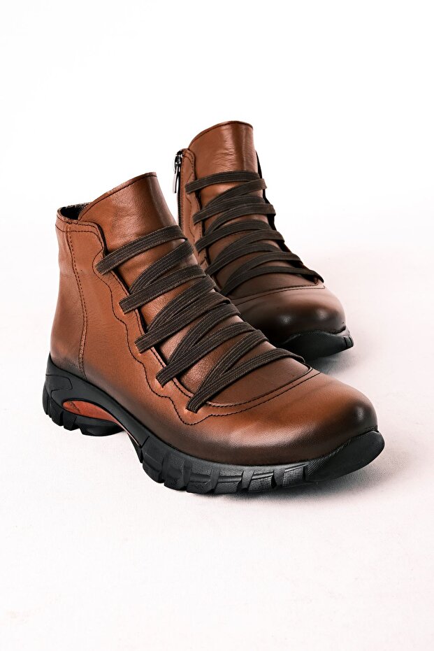 Ella Women's Genuine Leather Front Zippered Boots with Rubber Lace Detail - Brown