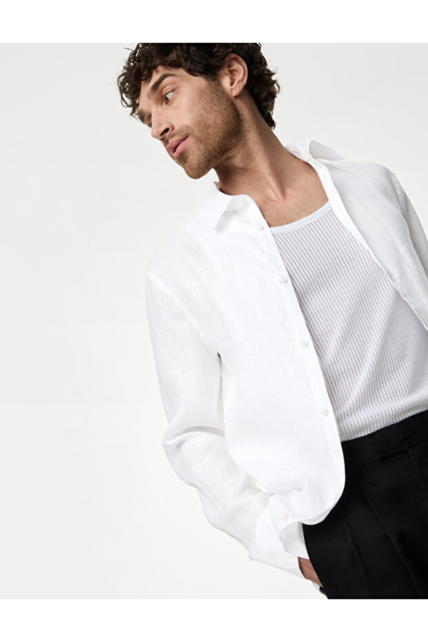 Regular Fit Uzun Kollu Saf Keten Gömlek - 2