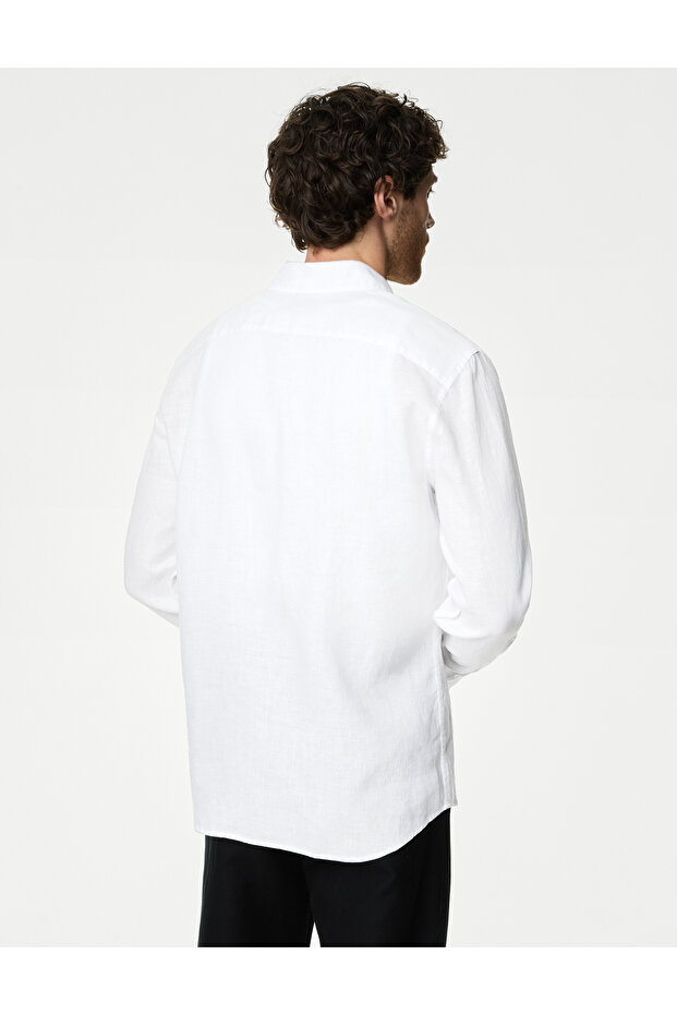 Regular Fit Uzun Kollu Saf Keten Gömlek - 5