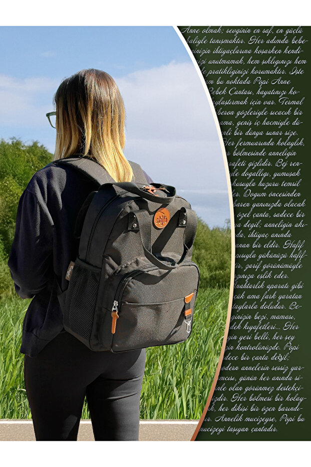 Popi Anne Bebek Bakım Ve Sırt Çantası Siyah – Termal Biberon Bölmeli Geniş Hacimli Şık Tasarım - 3