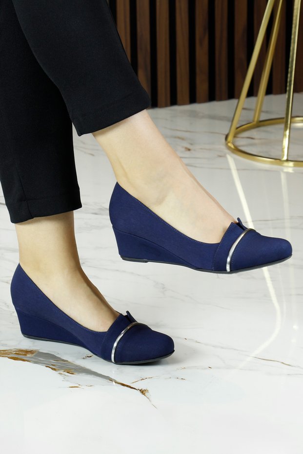 Colel Navy Blue Crepe Metal Detailed Round Toe Wedge Heeled Casual Shoes