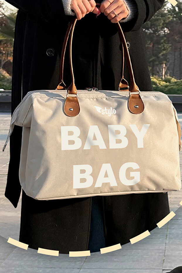 Baby Bag Baskılı Tek Anne Bebek Bakım Omuz Çantası - Vizon - 7