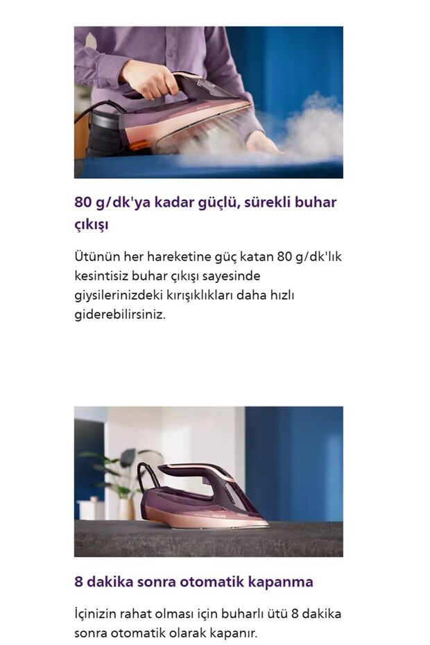 3000W Güç Akıllı Buhar özelliğine sahip 8000 Serisi Buharlı Ütü Dst8040 Mor - 6