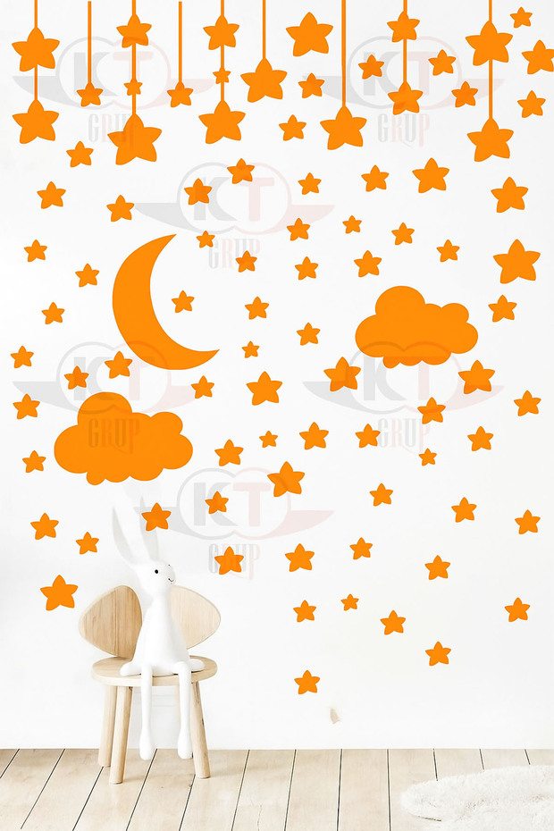 Orange Clouds and Stars Baby and Kids Room Wall Sticker Set