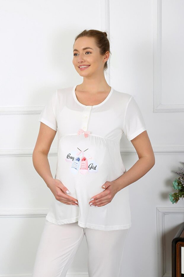 Women's Short Sleeve Maternity Pajamas Set Ecru 45210