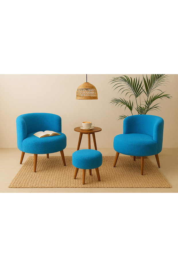 Mavi Çay Seti İkili Koltuk Berjer ve Puf Takımı (Salon, Balkon, Ofis) 3'Lü Takım - 1