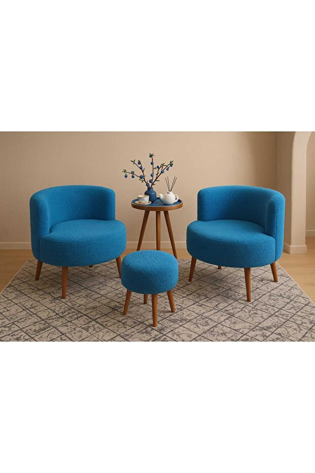 Mavi Çay Seti İkili Koltuk Berjer ve Puf Takımı (Salon, Balkon, Ofis) 3'Lü Takım - 2