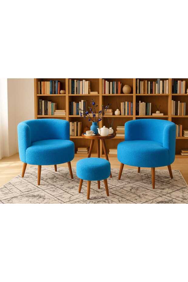 Mavi Çay Seti İkili Koltuk Berjer ve Puf Takımı (Salon, Balkon, Ofis) 3'Lü Takım - 7