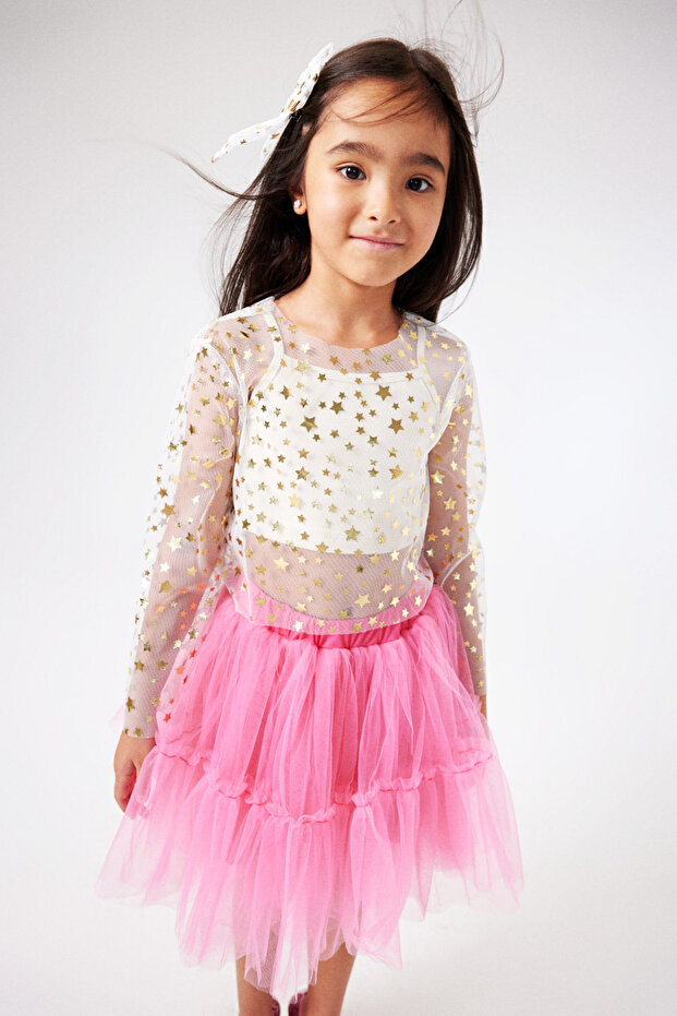 Ekru Uzun Kollu Yıldızlı Kız Çocuk Tül Crop - 2