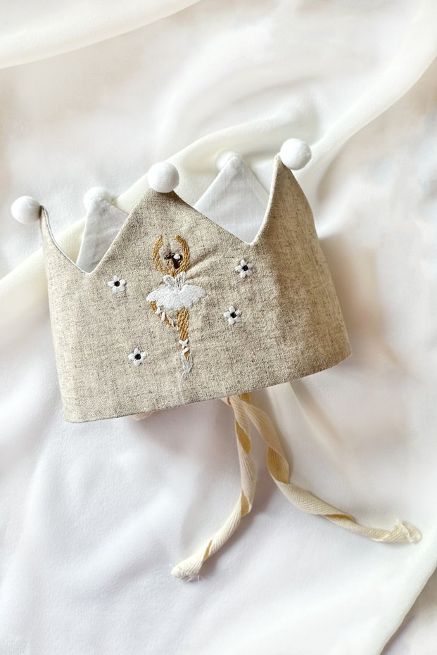 Beige Pompom Ballerina Embroidered Girl's Hair Band