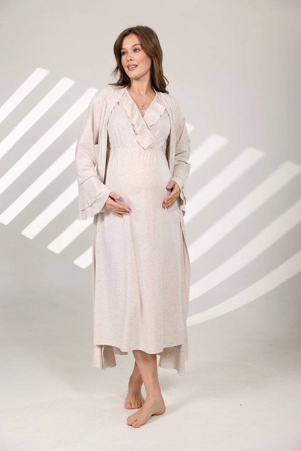 Women's Beige Melange Lace Designed Cotton Maternity Nightgown-Morning Gowns Set of 2