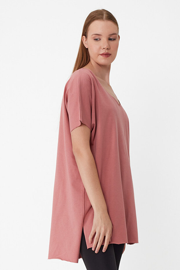 Kadın V Yaka Yırtmaçlı Oversize Basic Tişört - 5