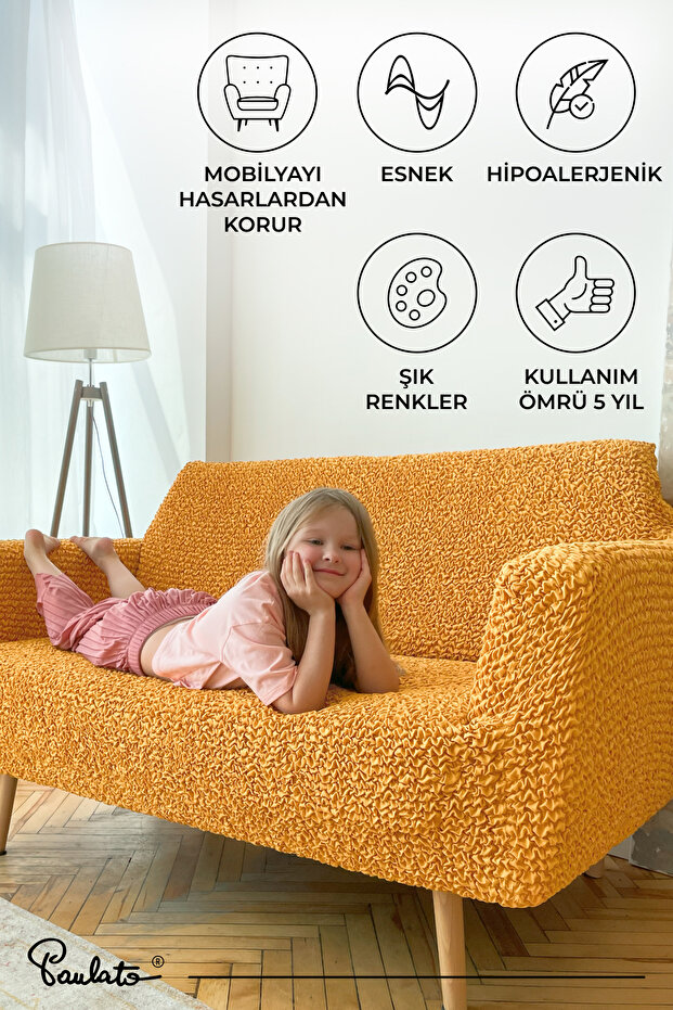 Lastikli Esnek ve Yıkanabilir Tek Kişilik Koltuk Örtüsü Koltuk Kılıfı - Ocre - 8