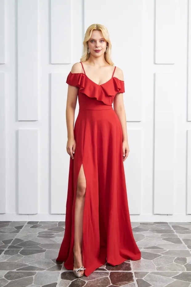 Women's Collar Design Slit Flexible Crepe Fabric Sling Chest Flounced Red Evening Dress582190