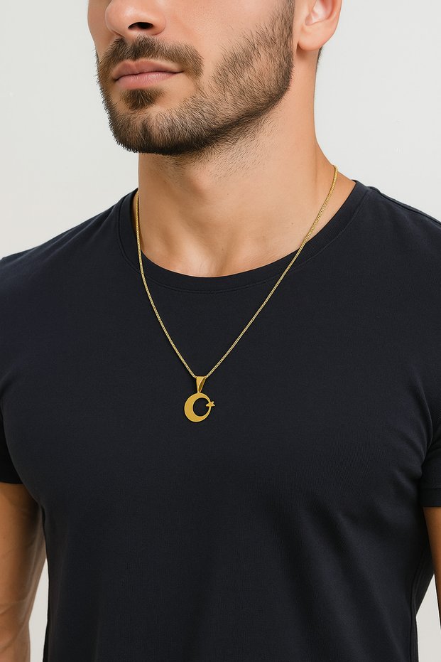 Moon Star 316L Steel Chain Steel Pendant Gold Yellow Plated Stainless 55 cm