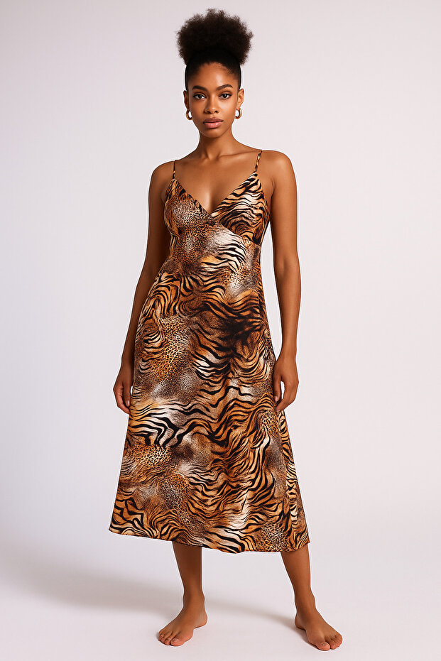 Silk Textured Luxury Satin Long Nightdress – Adjustable Strap, Lace Detail, Box and Dowry